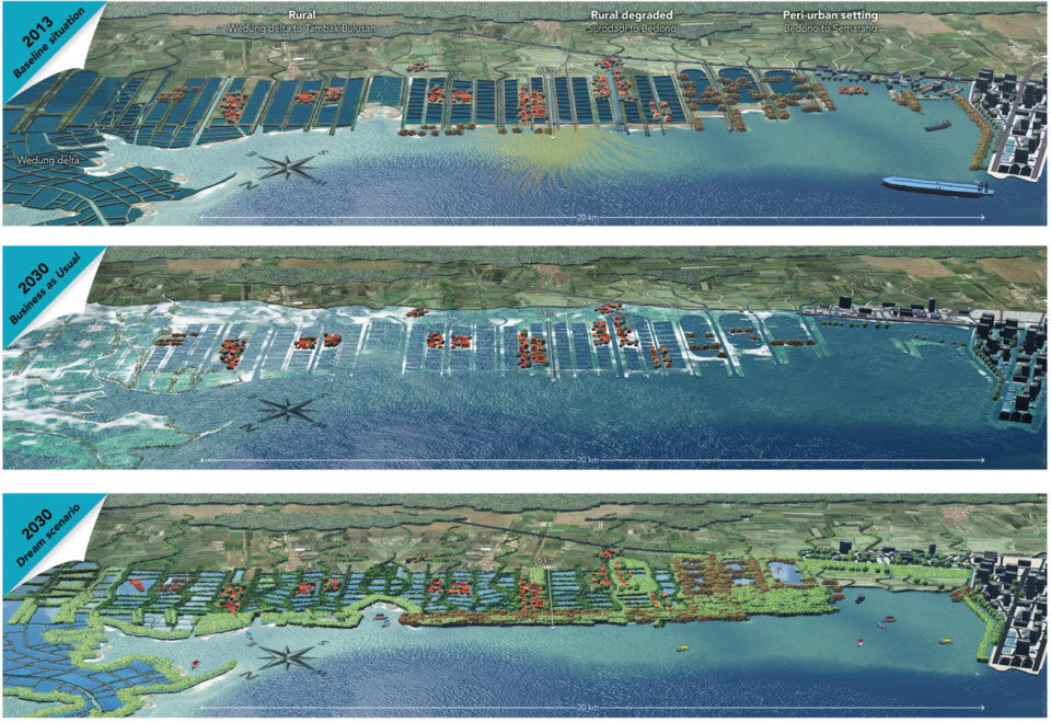 From top to bottom: 2013 baseline situation, 2030 business as usual scenario, 2030 dream scenario