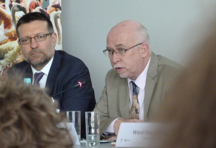 two men sitting at a platform with a banner of flamingos behind them