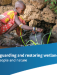 Cover of a brochure about Wetlands International showing a child gathering water among rocks